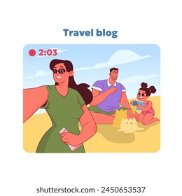 Concepto de blog de viaje familiar. Alegres momentos de playa. Video Madre filmando Queridos recuerdos de vacaciones familiares. Personas para explorar internet. Ilustración vectorial