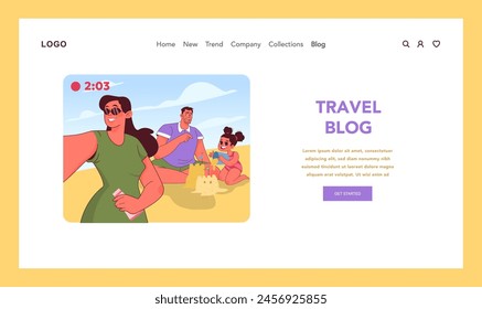 Family travel blog concept. Joyous beach moments. Mother filming video, playful dad, and child building sandcastle. Cherished family vacation memories. People exploring internet. Vector illustration