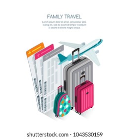 Family travel by aircraft and vacation concept. Vector 3d isometric style isolated illustration of colorful luggage, airplane tickets and plane. Tourism icons.