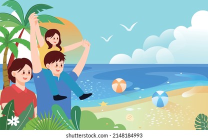 Family travel by the beach in summer with sea and trees in the background, vector illustration