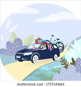 Family travel by car with bike. Family road trip on car. Family couple with kids on vacation. Vector illustration. Active summer trip with family