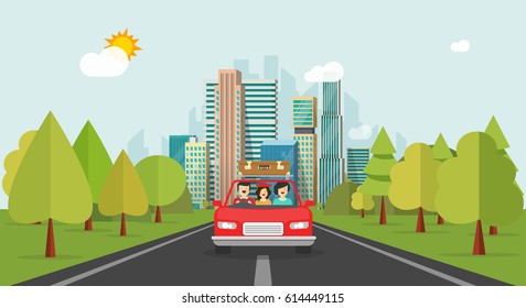 Family travel by car, flat cartoon style happy family with kid travelling together via automobile vector illustration, concept of people journey, summer vocations, fun weekend trip, tourism day time