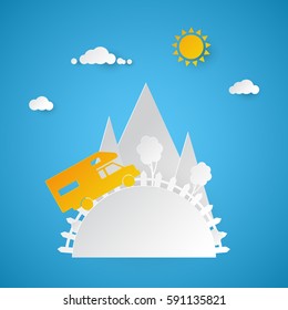 Family Travel by Car with Mountain Landscape. Vector illustration