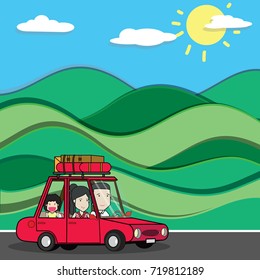 Family travel by car on a road with mountains in background. Flat funny vector design.