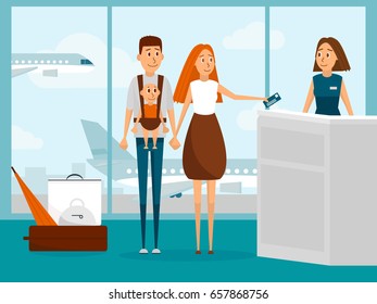 Family travel by plane with newborn baby for the first time. Parents with infant kid check-in for flight in airport. Family vacation concept. Vector illustration with cartoon people characters.