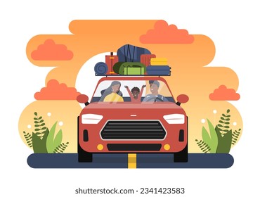 Family travel at car concept. Father and mother with kid at trip and journey. Tourists witg baggage and luggage. People at automobile, man and woman with son. Cartoon flat vector illustration