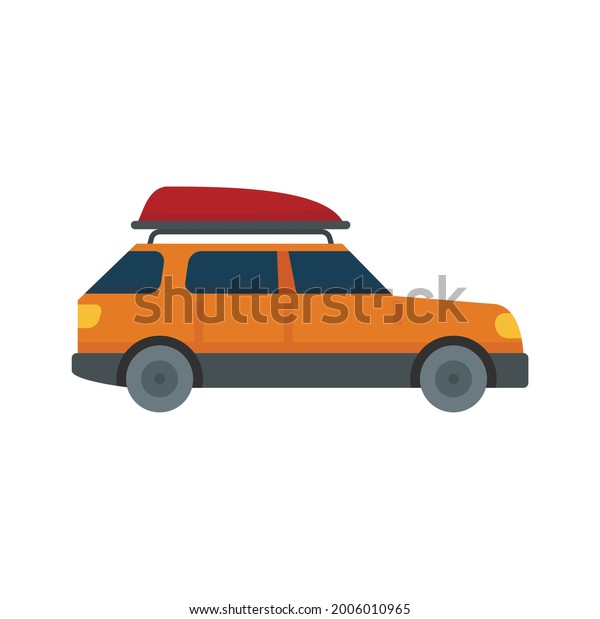 Family travel car icon. Flat\
illustration of family travel car vector icon isolated on white\
background