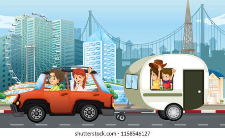 A family travel with caravan illustration