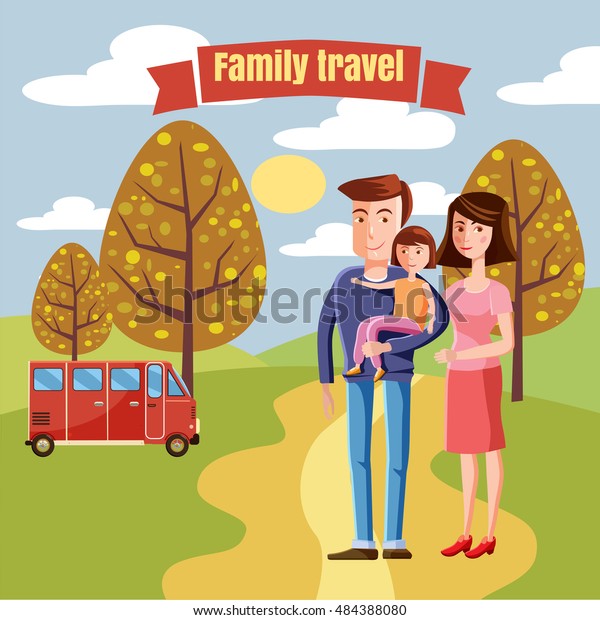 Family\
travel, characters Dad mom and daughter, country bus for travel,\
cartoon style, autumn, vector,\
illustration