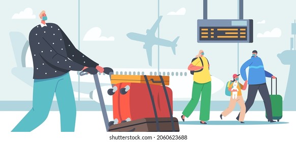 Family Travel with Children on Summer Vacation. Parents and Kids in Airport with Luggage Fly for Holidays. Father, Mother, Daughter and Son Characters Traveling. Cartoon People Vector Illustration