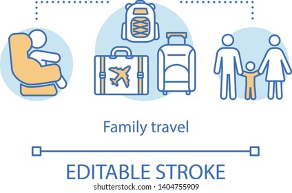 Family travel concept icon. Traveling idea thin line illustration. City tours. Kid-friendly activities. Family trip. Vector isolated outline drawing. Editable stroke