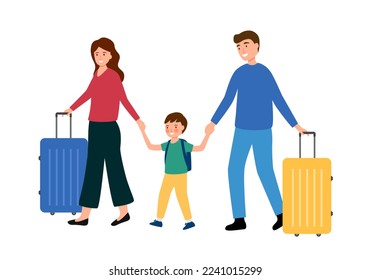 Family travel concept vector illustration. Kids, parents with luggage in flat design on white background.