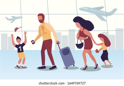 Family travel. Father with luggage, mother with passport, happy son and daughter with clutch at the airport. Vector illustration in a flat style. Together traveling concept. Plane and houses. rush