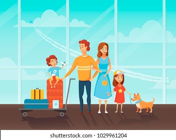 Family Travel. Father ,mother, Son, Daughter And Dog At The Airport.Happy Family Concept. Cartoon Character Family At The Airport.