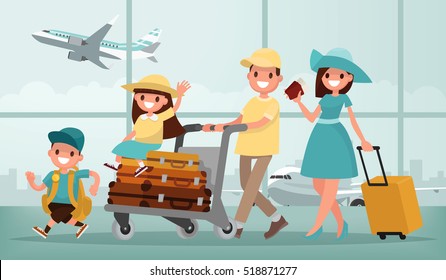 Family Travel. Father Mother, Son And Daughter At The Airport. Vector Illustration In A Flat Style