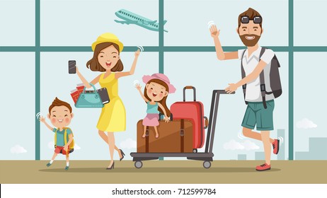 Family Travel. Father ,mother, Son And Daughter At The Airport.Happy Family Concept. Cartoon Asian Character Family, Illustration, Vector,Isolated From The Background Airport