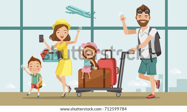 家庭旅行 父亲 母亲 儿子和女儿在机场 快乐的家庭概念 卡通亚洲人物家庭 插图 矢量 从背景机场隔离库存矢量图 免版税