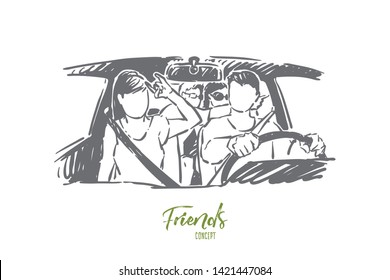 Family travel, friends group going on road trip, adventure, young men and women ride in car, journey, tourism. Summer vacation, holiday season concept sketch. Hand drawn vector illustration