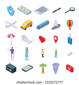 Family travel insurance icons set. Isometric set of family travel insurance vector icons for web design isolated on white background