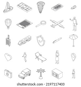 Family Travel Insurance Icons Set. Isometric Set Of Family Travel Insurance Vector Icons Outline Thin Lne Isolated On White