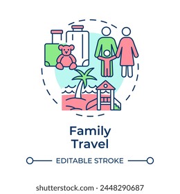 Family travel multi color concept icon. Travelling with children. Beach vacation. Leisure trip. Round shape line illustration. Abstract idea. Graphic design. Easy to use in application