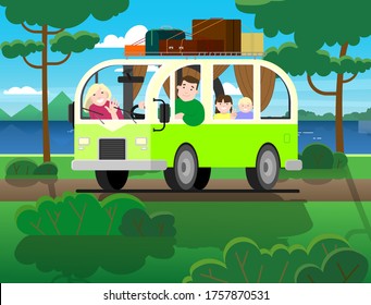 Family travel on minivan; father drives, mother, children; vacation in nature. Happy cartoon people kids in a retro minivan. Road trip, summer vacation by the river, trees, mountains, forest. Luggage