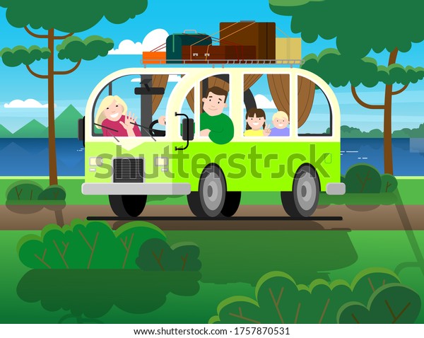 Family travel on minivan; father drives, mother,\
children; vacation in nature. Happy cartoon people kids in a retro\
minivan. Road trip, summer vacation by the river, trees, mountains,\
forest. Luggage