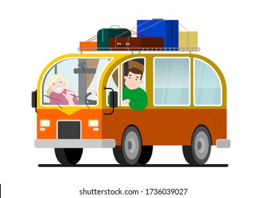 Family travel on a minivan; a man drives a car, a woman waves her hand. Happy cartoon people in a retro minivan. Road trip, summer vacation, vector illustration. Roof rack, luggage, suitcases.