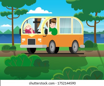 Family travel on a minivan; a man drives a car, a woman waves her hand. Happy cartoon people in a retro minivan. Road trip, summer vacation by the river, trees, mountains, forest
