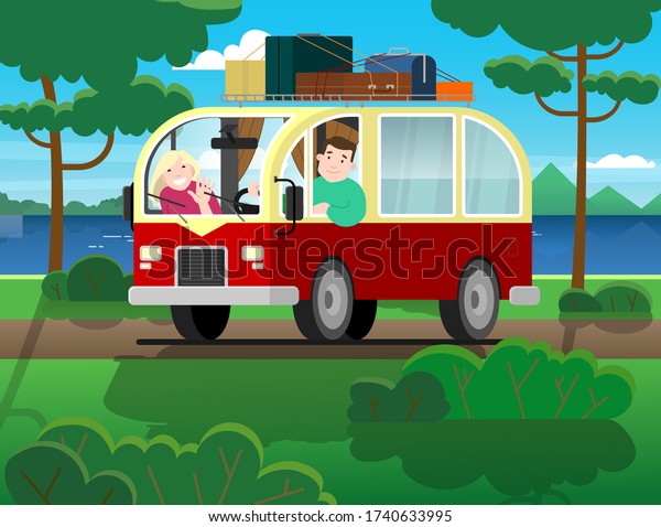 Family travel on a minivan; a man drives a car,
a woman waves her hand. Happy cartoon people in a retro minivan.
Road trip, summer vacation by the river, trees, mountains, forest;
roof rack, suitcases