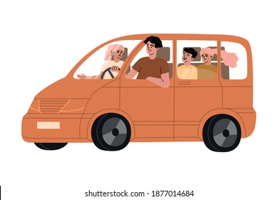 Family travel in orange car. Happy parents mother and father going on vacation trip with their kids by automobile. Hand drawn vector illustration in flat carton style, isolated on white background