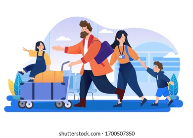 Family travel. Parents and children at the airport fly away for a vacation.