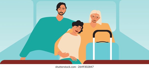 Family travel of parents with children in bus, flat vector stock illustration as concept difficult moments of family travel such as moments of exhaustion or confusion for sstkTravel