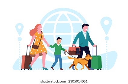 Viajes familiares. Padres e hijos se van de vacaciones con mascotas. Madre y padre llevan equipaje. Viaje mundial. Gato y perro. Turismo internacional. Pines de ubicación. Grupo viajero