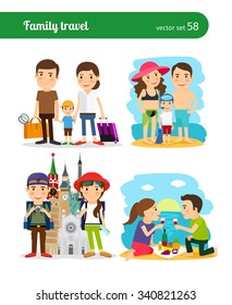 Family travel people. Rest on the beach and sightseeing. vector illustration.