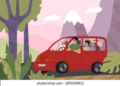 Family travel in a red car, mountain landscape in the background. Happy mother and dad go on vacation to nature with their children by automobile. Hand drawn vector illustration in flat carton style