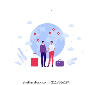 Family Travel And Tourism Concept. Vector Flat People Illustration. Gay Couple With Baggage Standing On Planet Earth Map With Pin Symbol. Design For International Adventure.