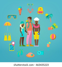 Family Travel Tourism Icons Set with Tourist and Sea Vacations Accessories. Vector illustration