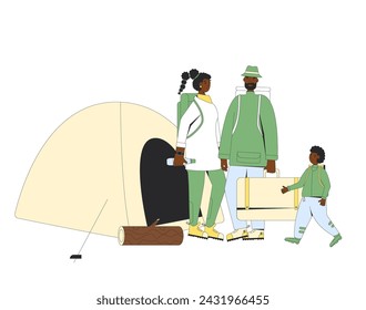 Family travel tourists camping set isolated on white background. Hiking characters vacation picnic. Expedition with people. Mother, father and son standing near tent. Vector flat illustration.