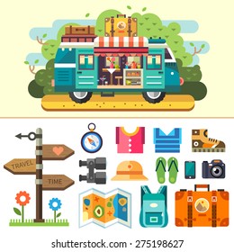 Family travel van. Ice cream coffee van. Summer vacation and holiday trip. Signpost, compass, clothes, shoes, boots, binoculars, sandals, phone, camera, backpack, suitcase. Vector flat illustration 