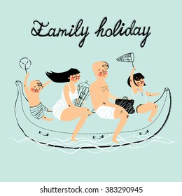 Family travel, vector illustration. Banana boat.