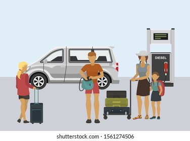 Family travel vector illustration flat style. Father, mother and daughter standing with suitcases lying in luggage trolley in front of diesel filling gas station and minivan car.