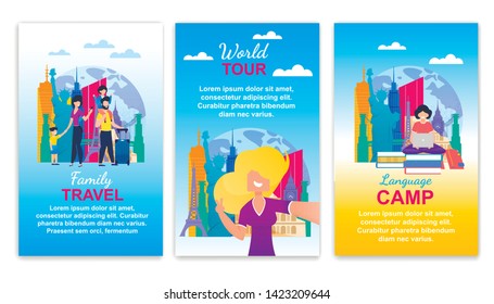 Family Travel, World Tour, Language Camp Banner Set. Europe Country Tourism International Trip. Children Summer Holidays Vacation Journey. Student Learn Foreign Language Program Vector Illustration