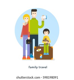 Family travel. A young family goes on vacation. Vector flat illustration