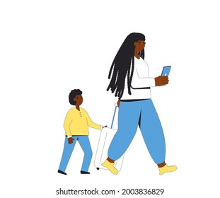 Family travel. Young mother and son with suitcases. Filled line vector illustration.