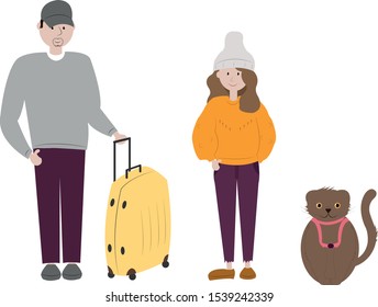 Family travel. Young family traveling with cat. Baggage or suitcase, traveling and holidays or vacation. Travelers in various activity with luggage and equipment. Vector flat illustration