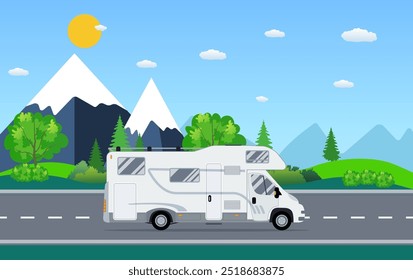 Camión de viajero familiar que conduce en la carretera. Viaje al aire libre camping concepto de vacaciones tarjeta de póster. Autocaravana autocaravana RV furgoneta en paisaje de fondo del campo. Ilustración vectorial plana.