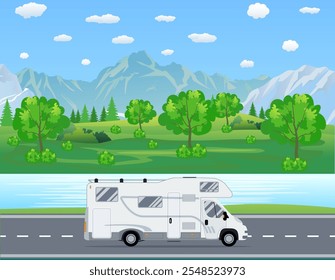 Family traveler truck driving on the road. Outdoor journey camping traveling vacation concept poster card. RV caravan motorhome van on countryside background landscape. Flat vector illustration.