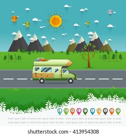 Family traveler truck driving on the road. Outdoor journey camping traveling vacation concept poster card. caravan motorhome van on countryside background landscape.
vector illustration.