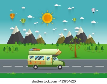 Family traveler truck driving on the road. Outdoor journey camping traveling vacation concept poster card. caravan motorhome van on countryside background landscape.
vector illustration.